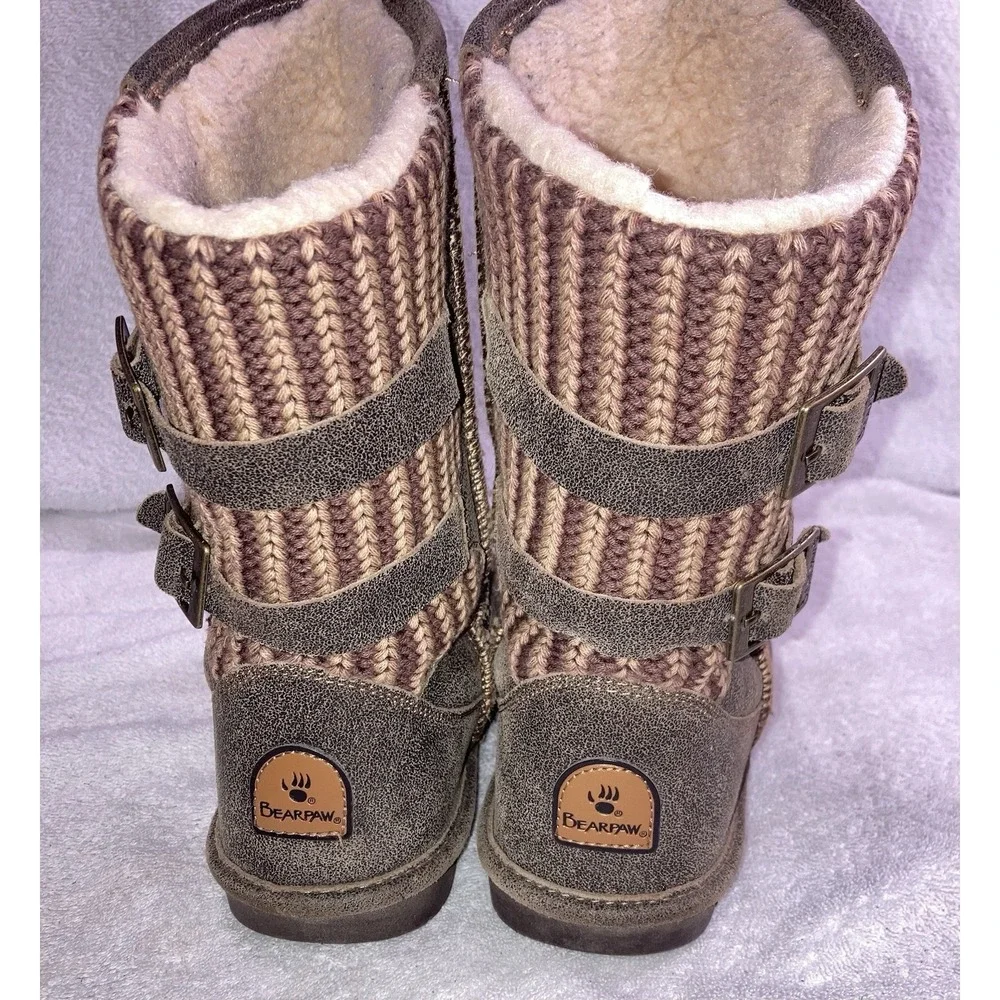 Bearpaw Womens Boots‎ Size 7 Brown Knit Mid Calf Sheepskin Lined Winter Cozy